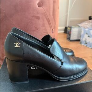 CHANEL Black Leather Heeled Loafers